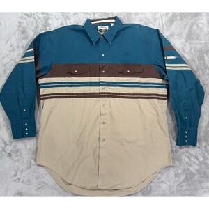 Cumberland Outfitters Shirt Mens XXL Blue Brown Striped Pearl Snap Aztec Western
